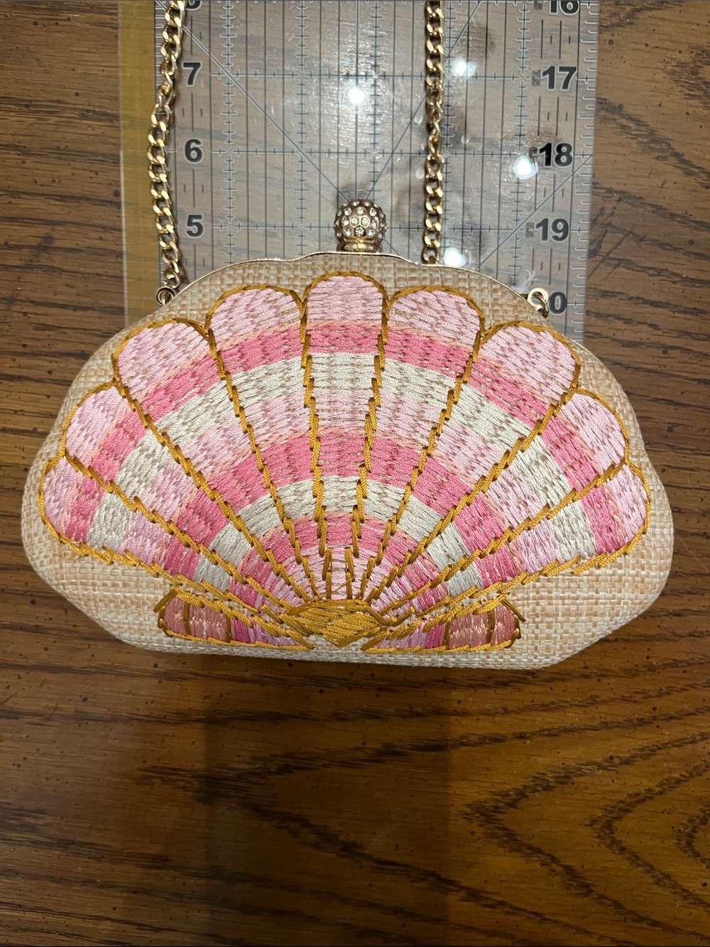 Haute Hippie Pink & Cream Shell-Embroidered Clutch with Gold Chain - Picture 14 of 15